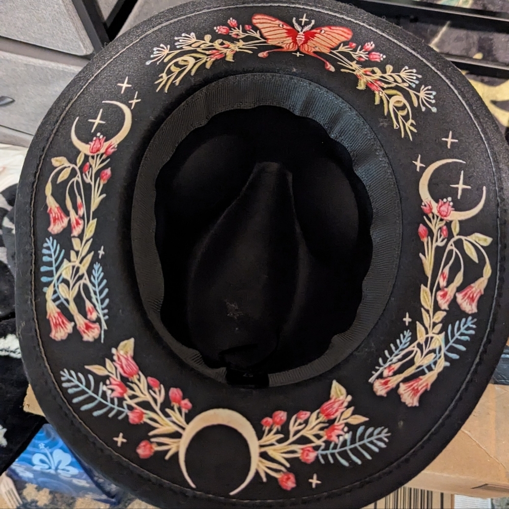 Embroidered Black Hat with Floral and Butterfly Design